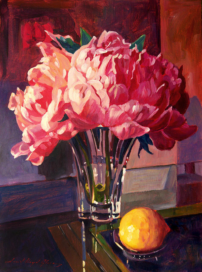 Still Life Painting - Crystal Pink Peonies by David Lloyd Glover