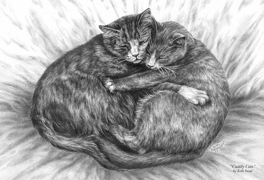 Cuddly Cats - Black and White Art Print Drawing by Kelli Swan