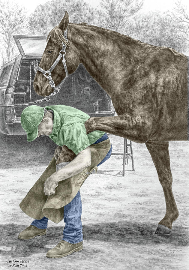Black And White Drawing - Custom Made - Farrier and Horse Print color tinted by Kelli Swan