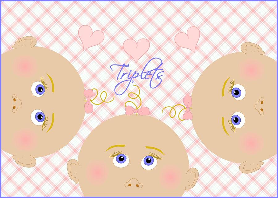 Adorable Digital Art - Cutie-Pie Triplet Girls with Hearts and Bows by Cindy Johns