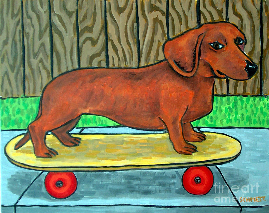 Dachshund Painting - Dachshund Skateboarding by Jay  Schmetz