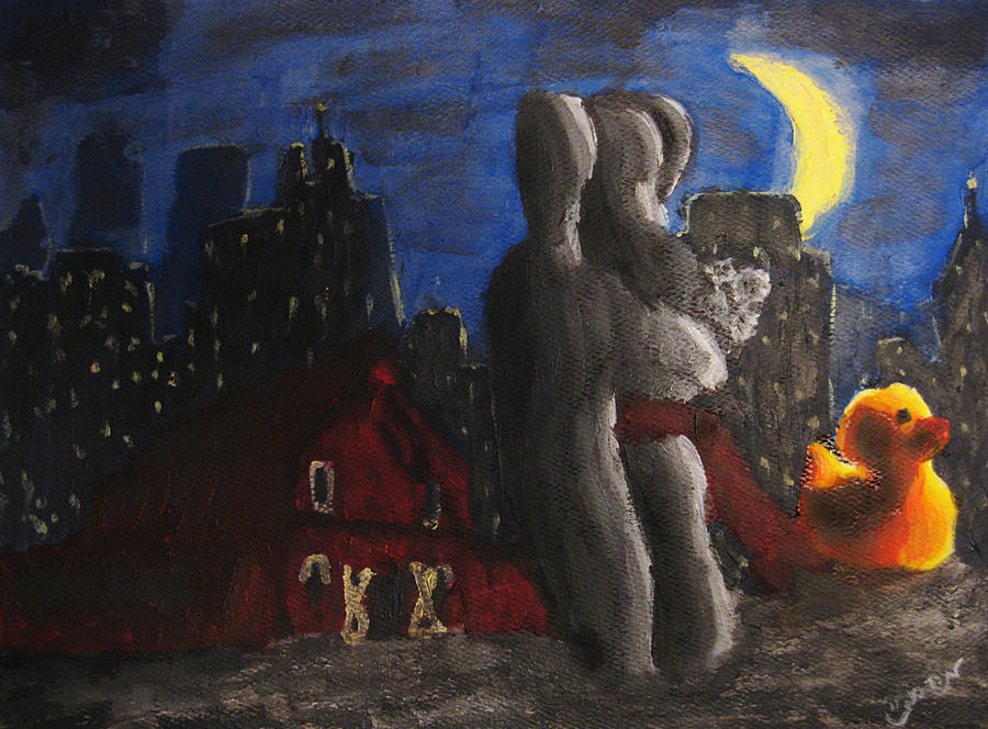 Dancing Figures with Barn Duck and Cityscape under the moonlight.  Painting by M Zimmerman