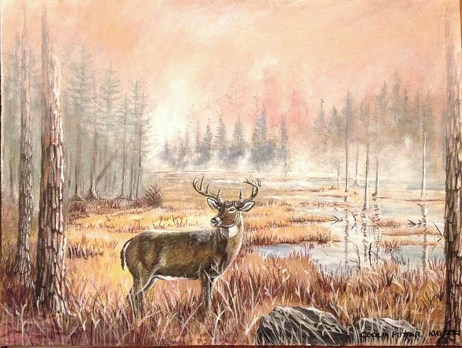 Deer in the foggy swamps Painting by Cecilia Putter Deer in the foggy swamps Painting by Cecilia Putter