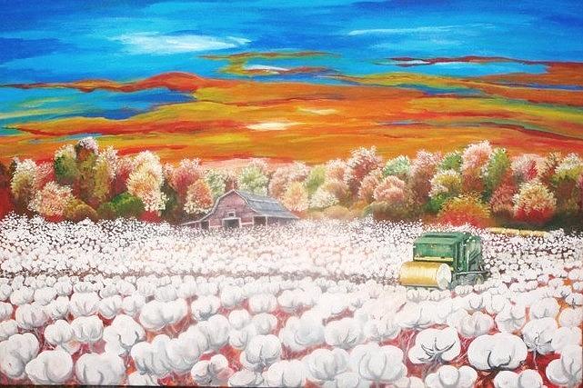 Delta Cotton Fields with round bale cotton picker Painting by Cecilia Putter
