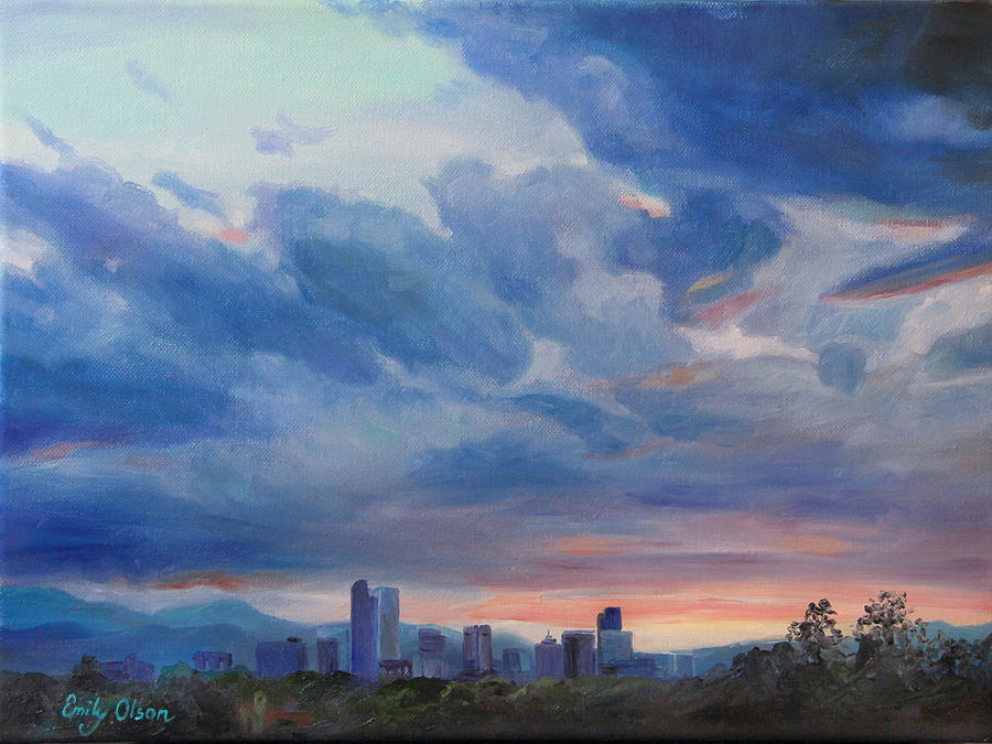 Denver Skyline at Sunset Painting by Emily Olson