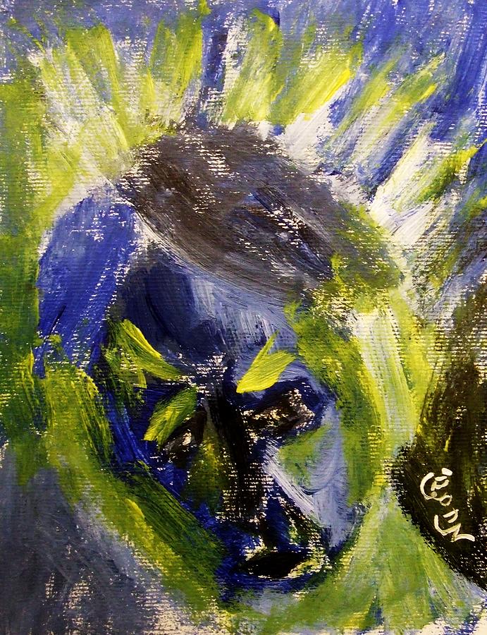 Despondent Expressionistic Portrait Figure in Blue and Yellow Religious Symbols of Glory Bursting Painting by M Zimmerman MendyZ
