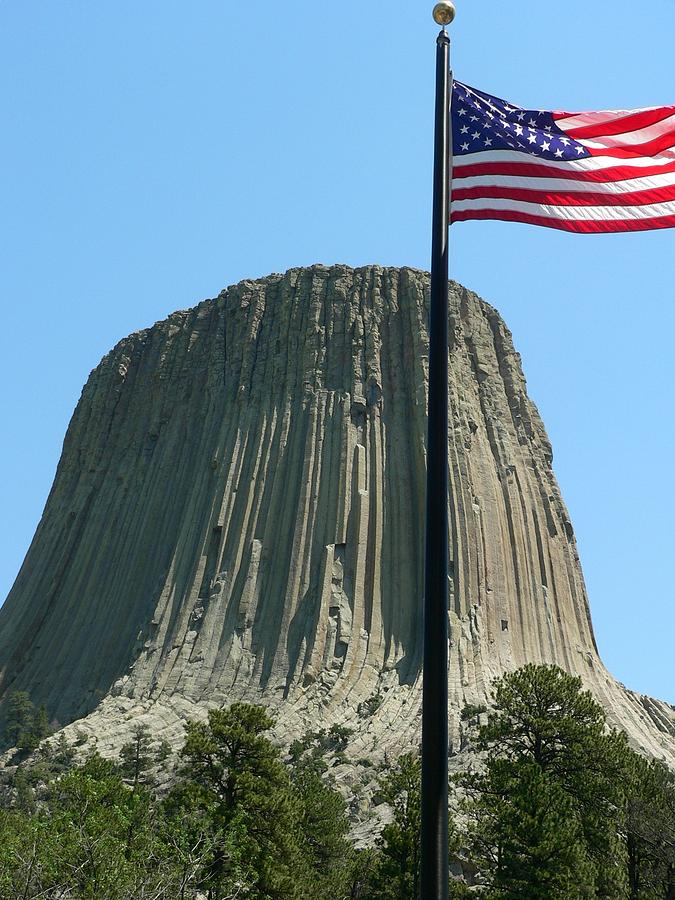 Devils Tower Old Glory Photograph by Jeff Lowe
