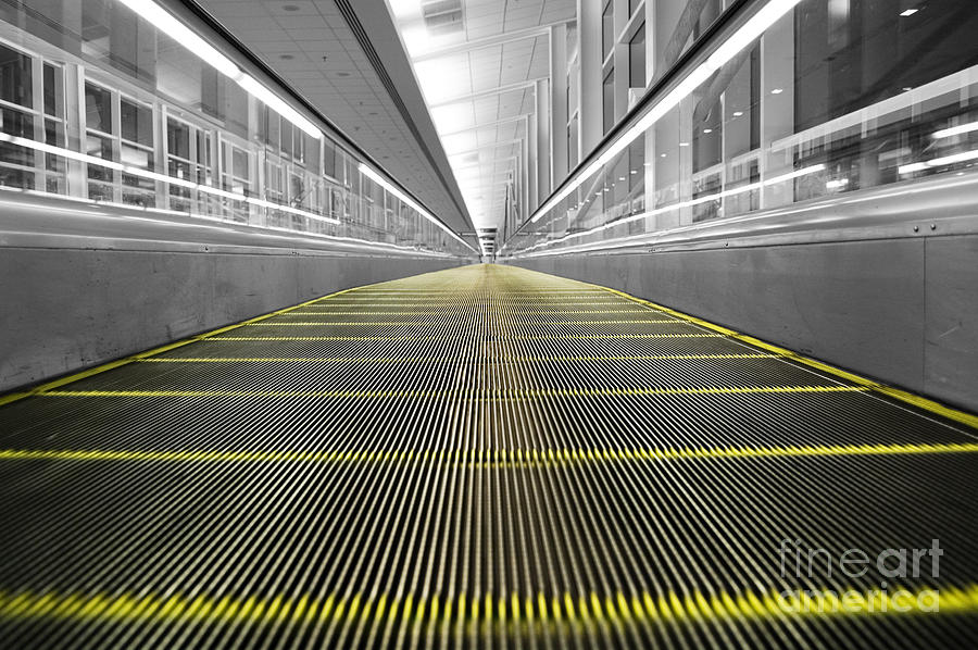 DFW Airport Walkway Perspective Color Splash Black and White Photograph by Shawn OBrien