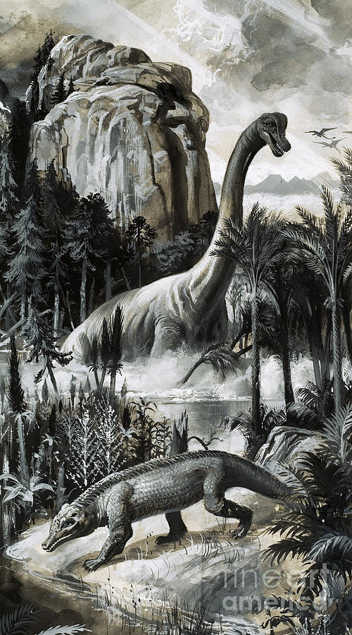 Dinosaurs gouache on paper by Roger Payne Painting by Roger Payne