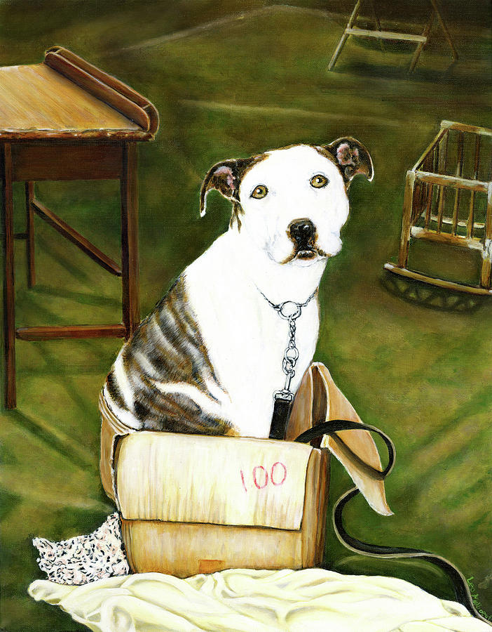 Still Life Painting - Dog in Box  One Dollar by Leo Malboeuf