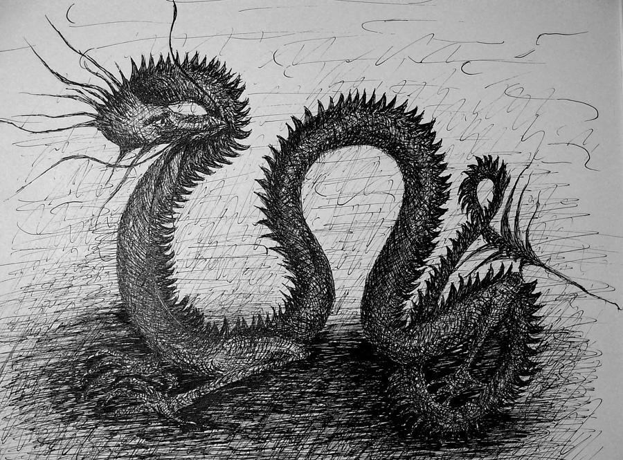 Dragon Looking Back Drawing by Gitta Brewster