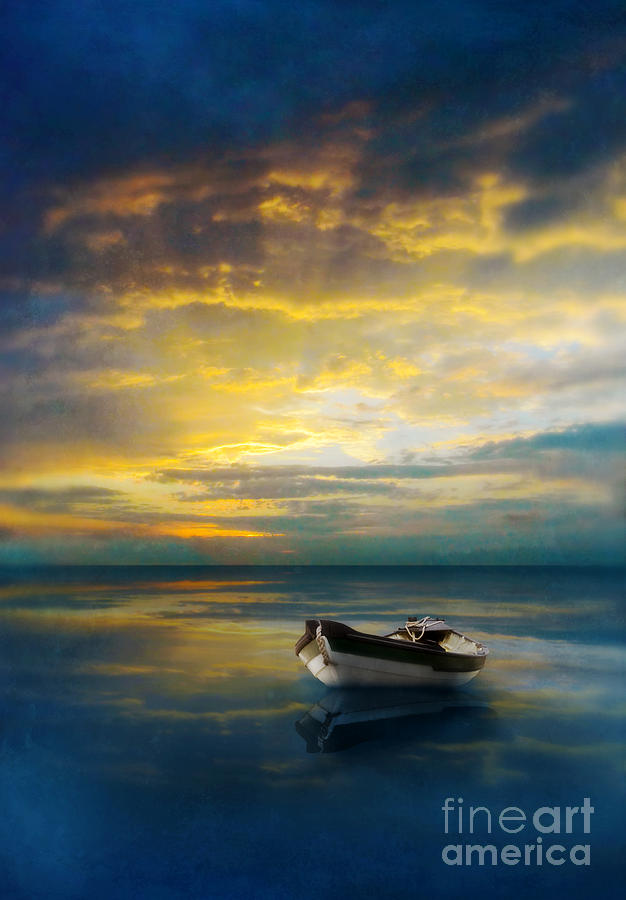 Dramatic Sky Reflected in the Sea with Boat Photograph by Jill Battaglia