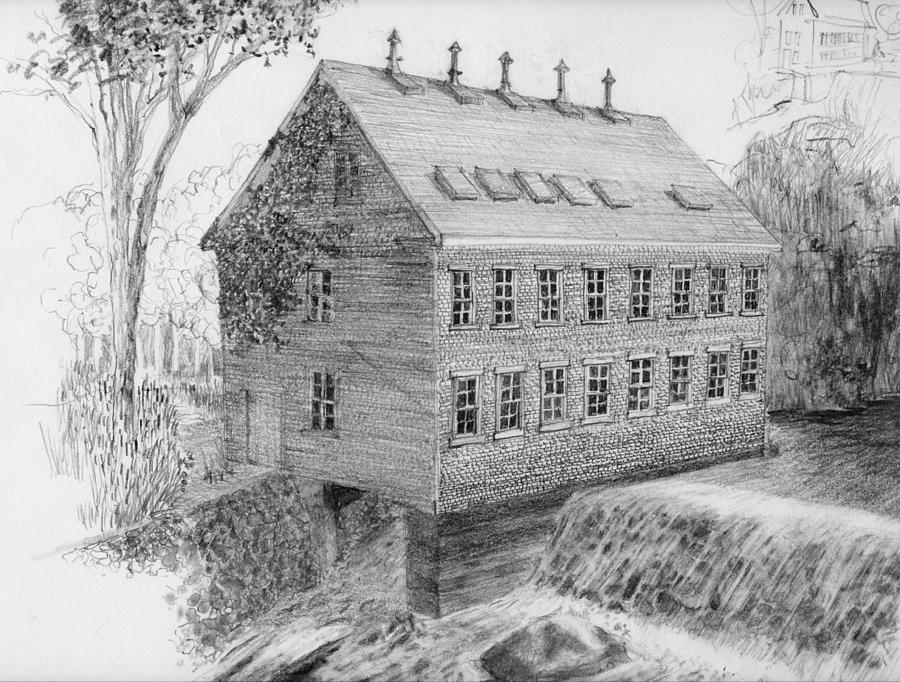 DRAWING Salmon Dam Flour Mill Drawing by William OBrien