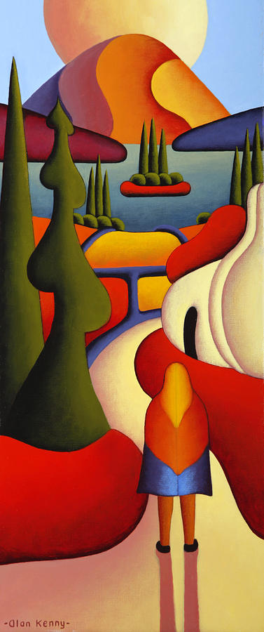 Dreamscape with cottage and ritual figure Painting by Alan Kenny