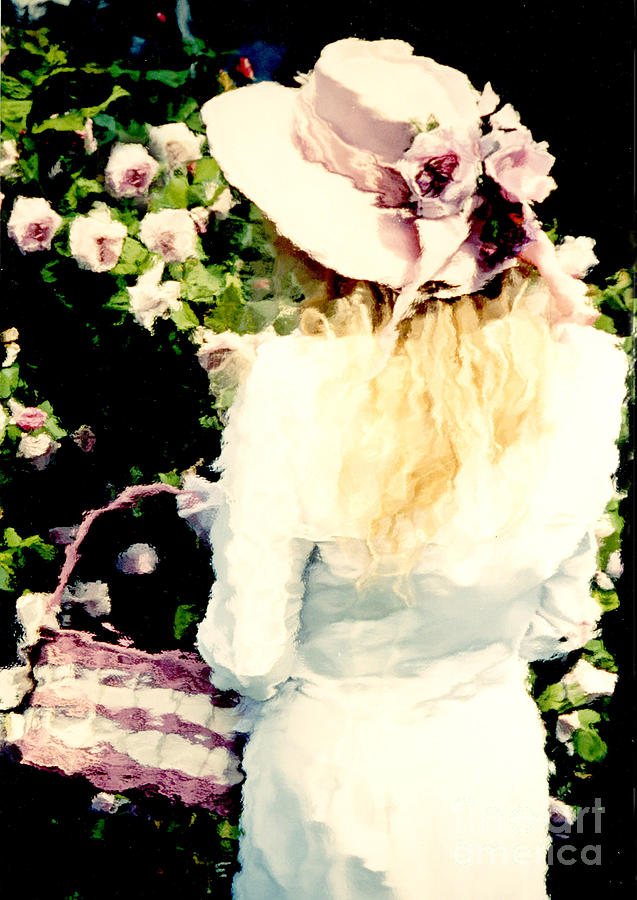Pink Flowers Photograph - Dreamy Cottage Chic Girl Holding Basket Roses by Kathy Fornal
