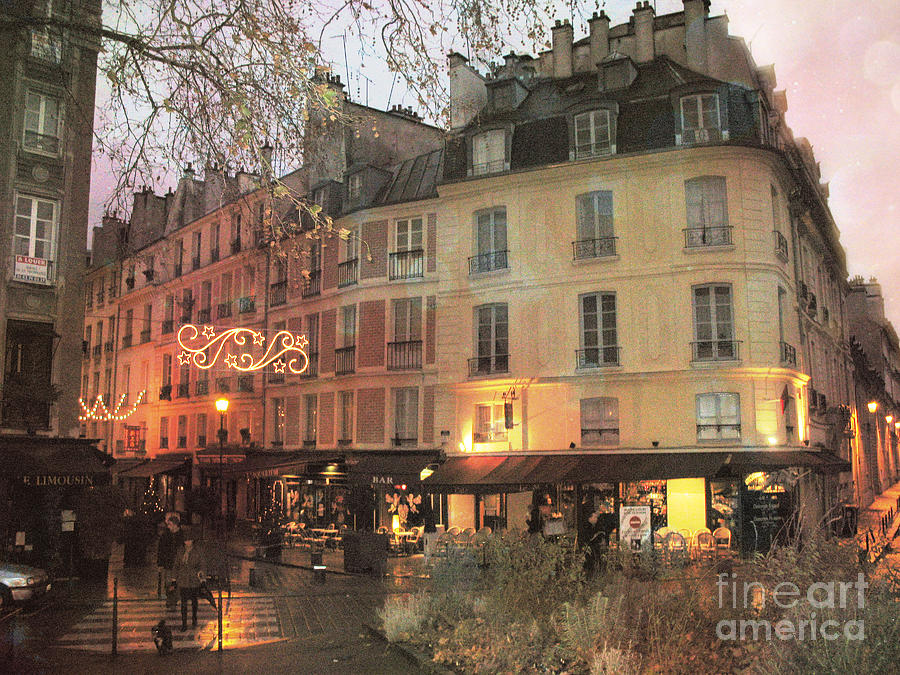 Paris Christmas Lights Cafe Street Scene - Romantic Paris Bistros Cafe Night Street Lights Photograph by Kathy Fornal