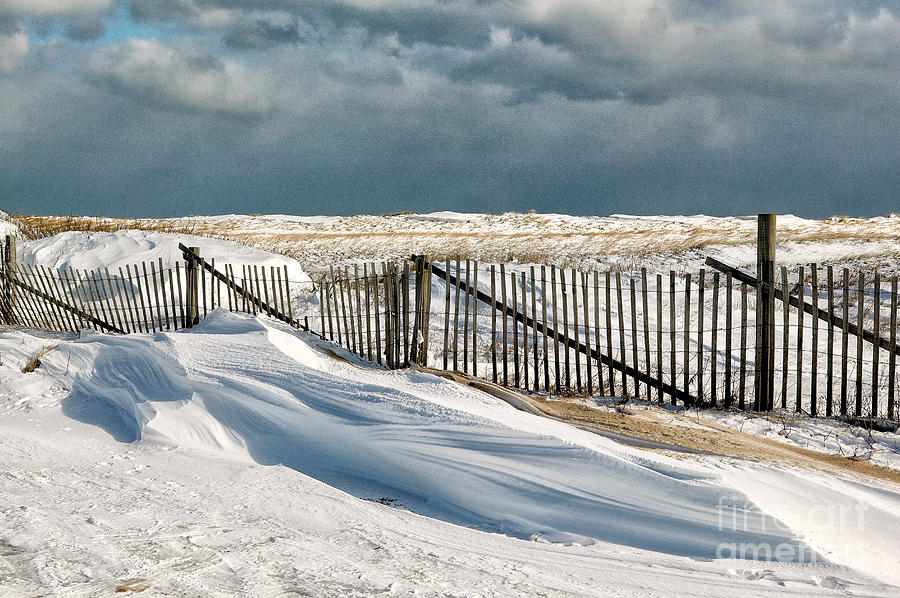 Winter Photograph - Drifting snow along the beach fences at Nauset Beach in Orleans  by Matt Suess