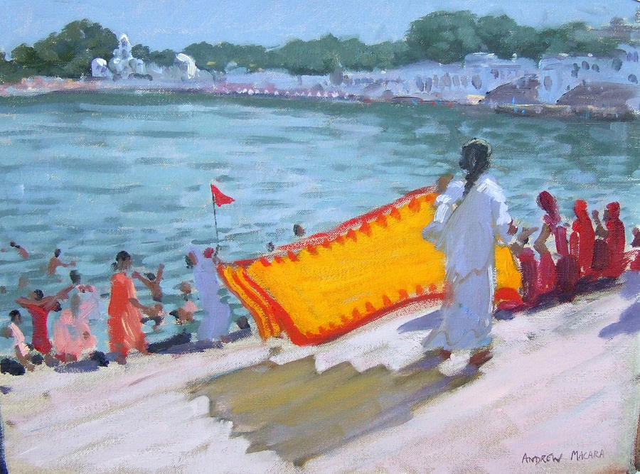 Lake Painting - Drying Sari Pushkar  by Andrew Macara