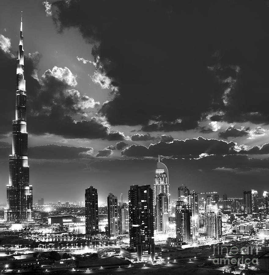 Dubai downtown at night black and white picture Photograph by Anna Om