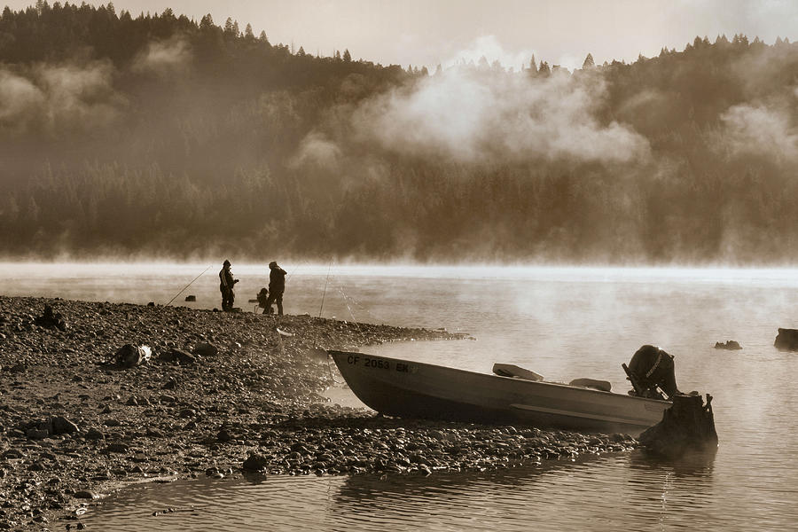 Early Morning Fishing on Scotts Flat Lake in Sepia Photograph by Sally Bauer