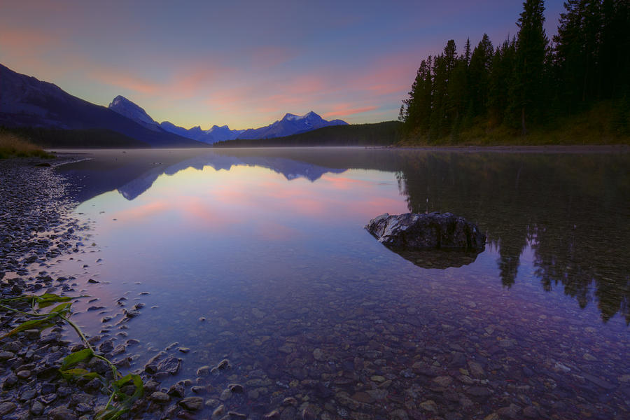 Early Morning On A Fog Covered Maligne Photograph by Dan Jurak
