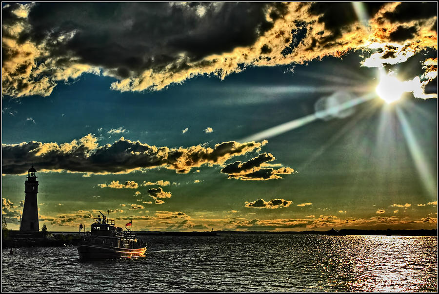 Edward M Cotter Fireboat at Sunset with Lighthouse Photograph by Michael Frank Jr