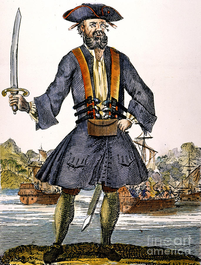 EDWARD TEACH - BLACKBEARD. The pirate. Colored engraving, 18th Century Drawing by Granger