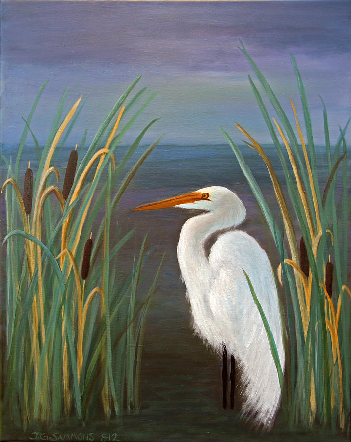 Egret in Cattails Painting by Janet Greer Sammons