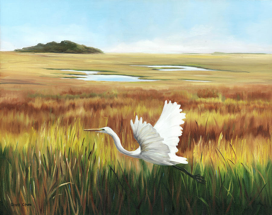 Egret In Flight Painting by Glenda Cason