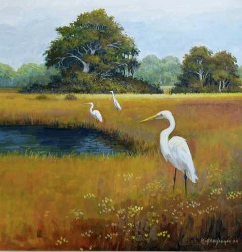 Egrets in Marsh Painting by Mel Greifinger