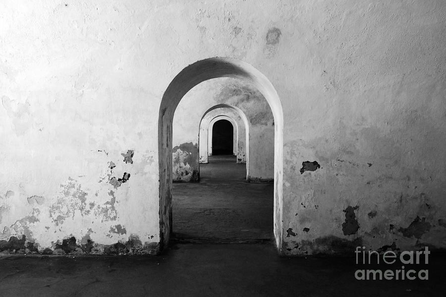 El Morro Fort Barracks Arched Doorways San Juan Puerto Rico Prints Black and White Photograph by Shawn OBrien