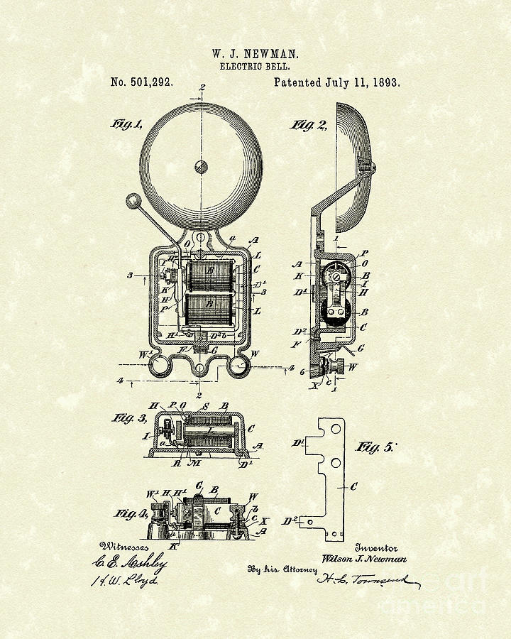 Electric Bell 1893 Patent Art Drawing by Prior Art Design