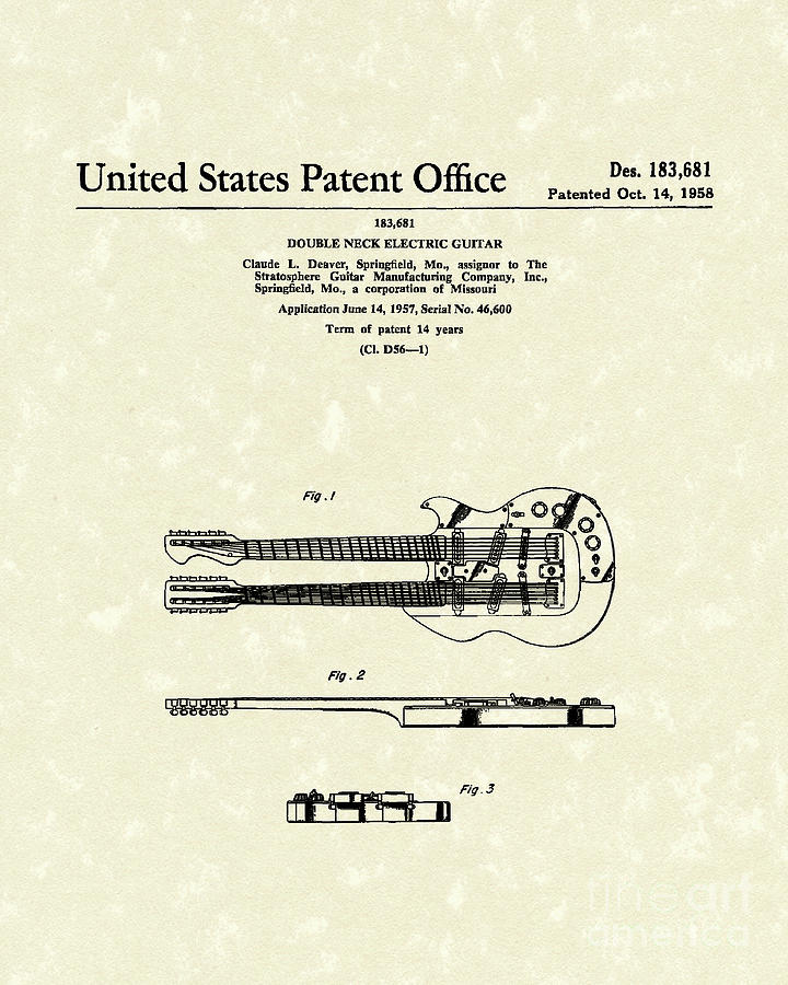 Electric Guitar 1958 Patent Art Drawing by Prior Art Design
