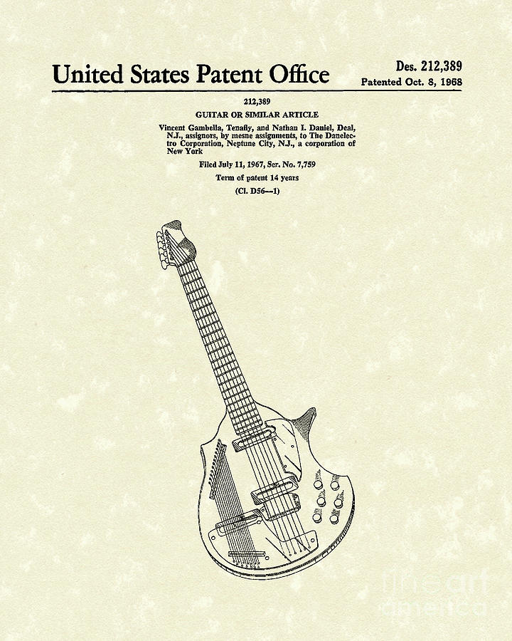 Electric Guitar 1968 Patent Art  Drawing by Prior Art Design