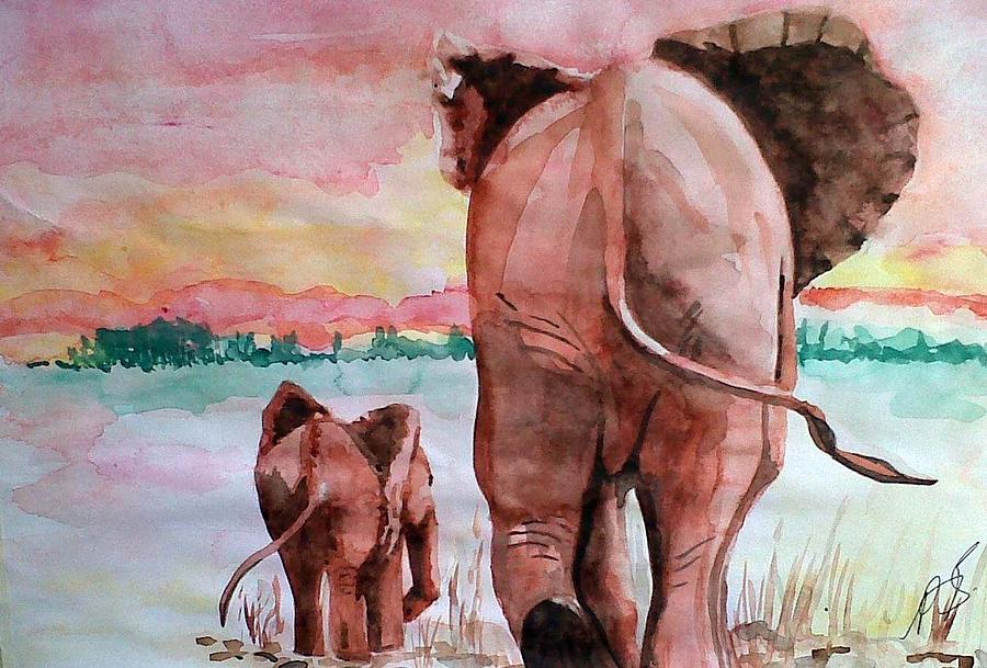 Sunset Painting - Elephant I. by Paula Steffensen