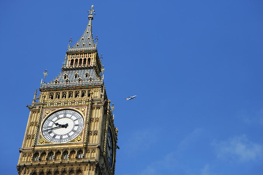 England, London, Big Ben, Aeroplane Flying In Blue Sky In Background ...