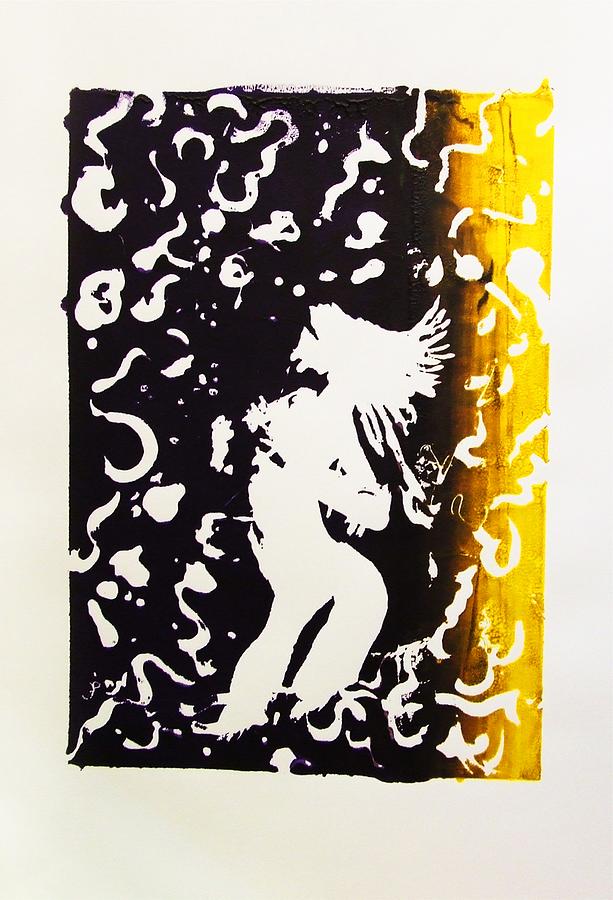 Erotic Scapegoat from Azazel Hell Satan Devil in Purple and Yellow Serigraph Swirls Holding Breasts Painting by M Zimmerman