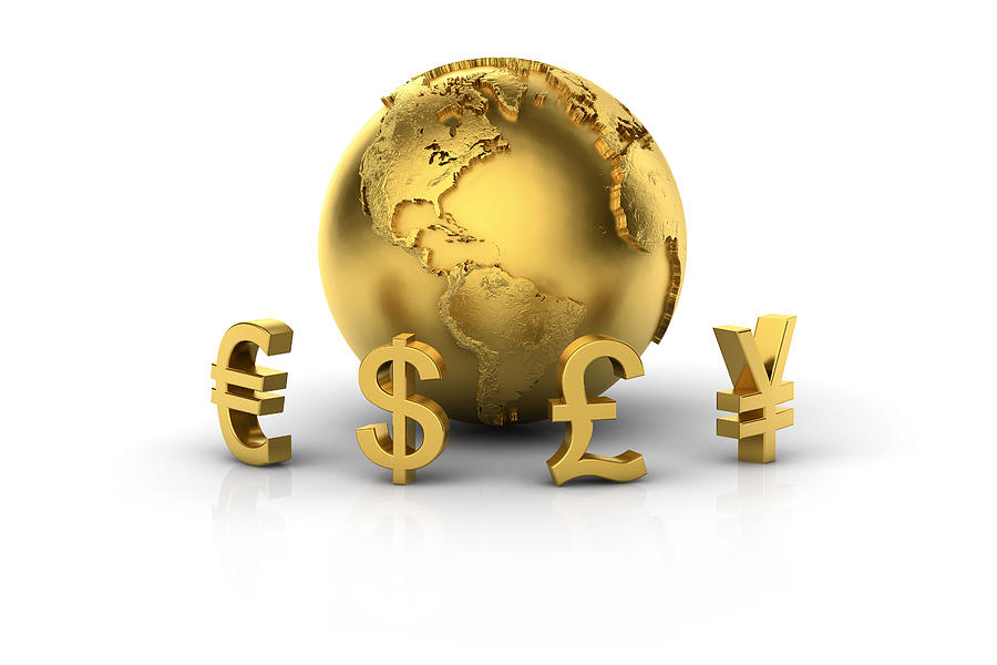 Euro, Dollar, Pound And Yen With Golden Globe Digital Art by Bjorn Holland
