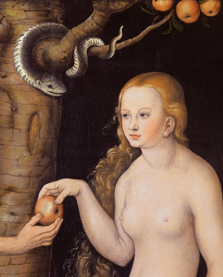 Apple Painting - Eve offering the apple to Adam in the Garden of Eden and the serpent by Cranach