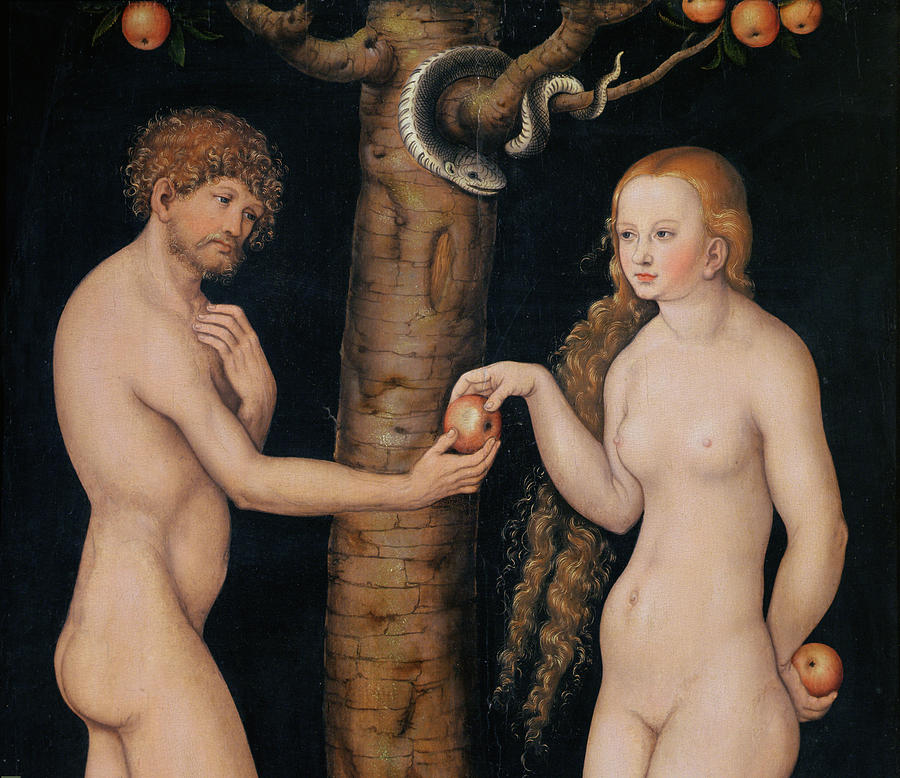 Lucas Cranach Painting - Eve Offering The Apple to Adam In The Garden of Eden by The Elder Lucas Cranach
