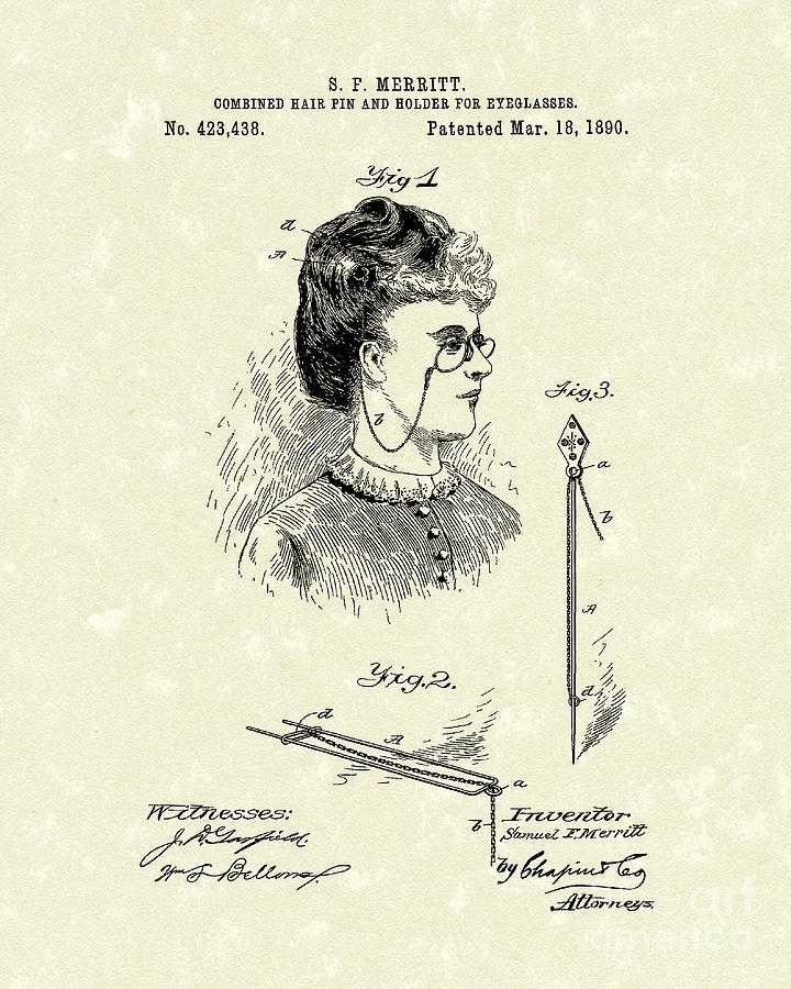 Eyeglass Holder 1890 Patent Art Drawing by Prior Art Design