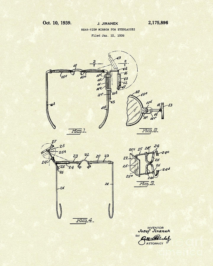Eyeglass Mirror 1939 Patent Art Drawing by Prior Art Design