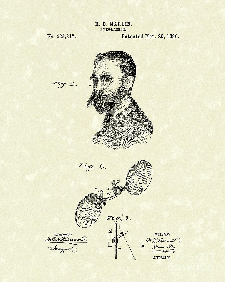 Eyeglasses 1890 Patent Art Drawing by Prior Art Design