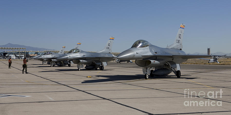 F-16s Line Up At The End Of The Runway Photograph by HIGH-G Productions