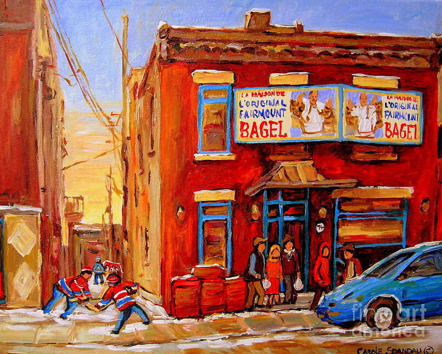 Fairmount Bagel Montreal Winter Street Scenes Painting by Carole Spandau