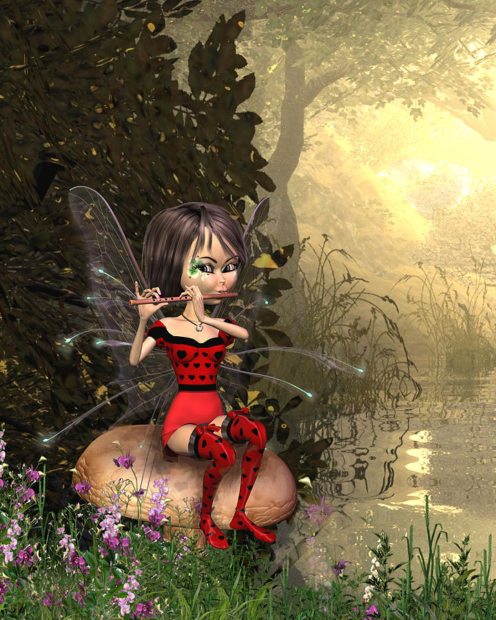 Flower Fairy Digital Art - Forest Fairy playing the flute by John Junek