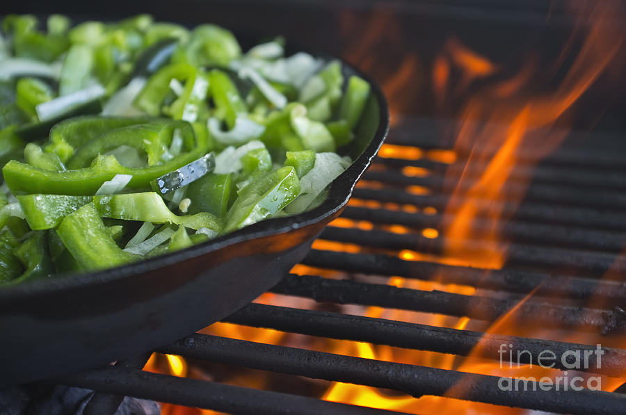 Pan Photograph - Fajita cast iron skillet with green peppers sizzling hot by Andre Babiak