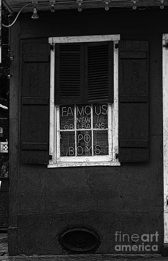 Architecture Digital Art - Famous New Orleans PO BOYS Neon Window Sign Black and White Poster Edges Digital Art by Shawn OBrien
