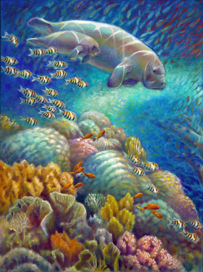 Fantastic Journey I - Manatees Painting by Nancy Tilles