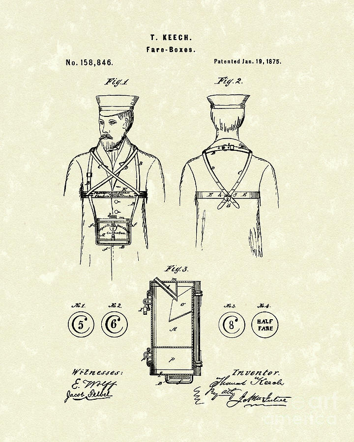 Fare Boxes  1875 Patent Art Drawing by Prior Art Design